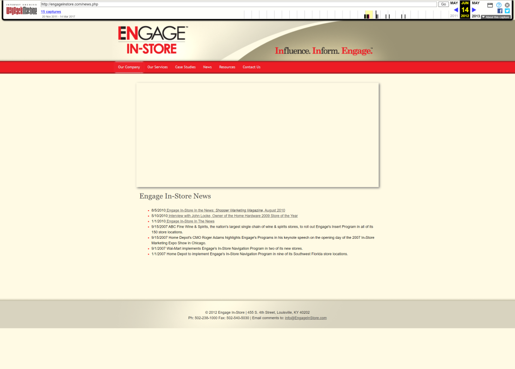 Screenshot of Engage In-Store homepage 2012 via Archive.org