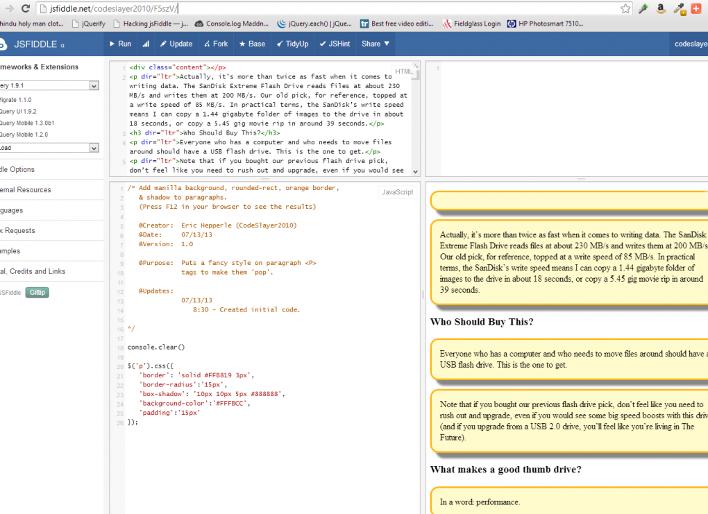 Screenshot of my jQuery Fancy Paragraphs code in JSFiddle 2013