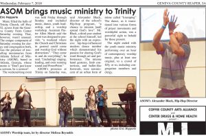 Newspaper Clipping: ASOM at Trinity, Geneva, AL 2018-02-07 (article and photos by Eric Hepperle)