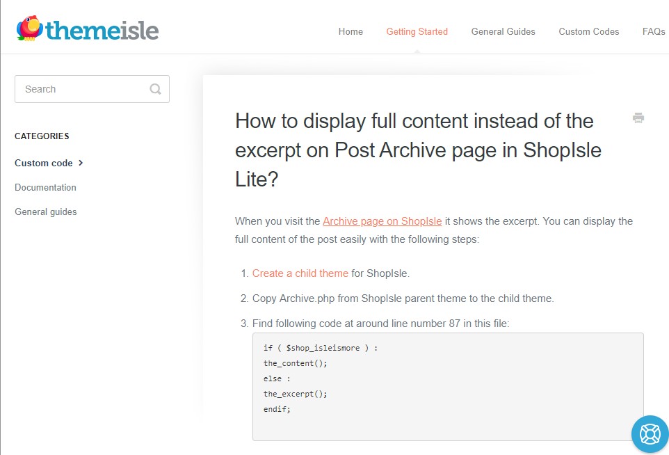 Website Screenshot: Theme Isle help article - Display full content instead of excerpt on Post Archive page in ShopIsle Lite (Credit: Eric Hepperle, 2018)