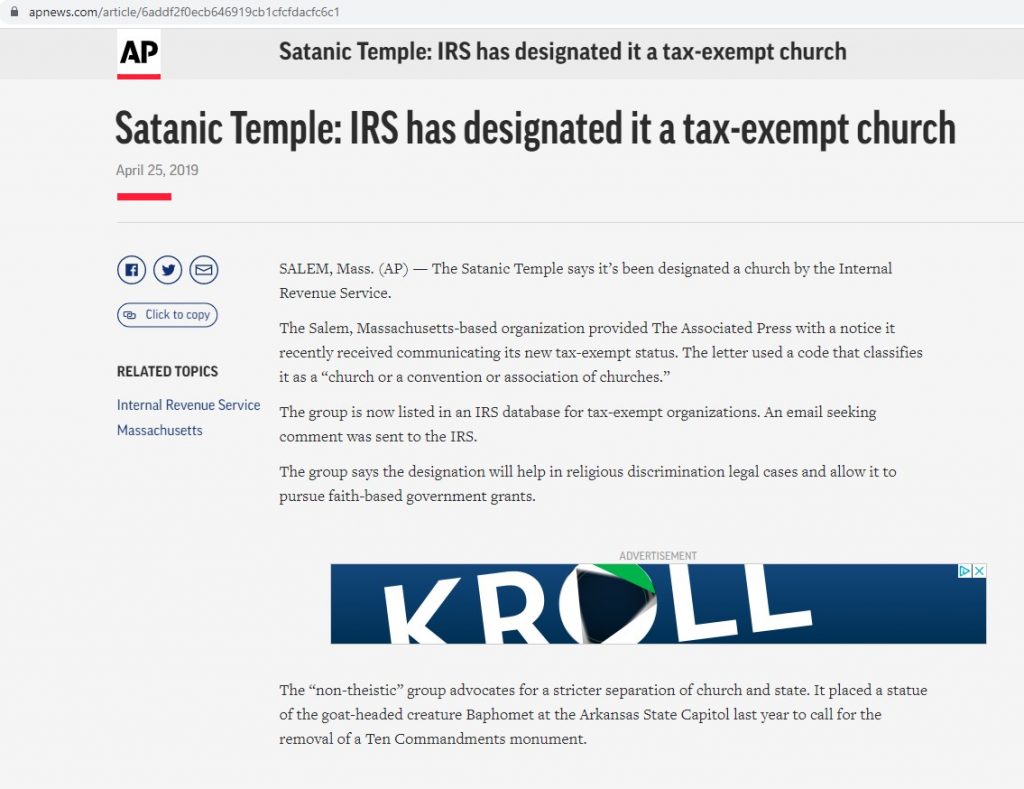 IRS grants Satanic Temple granted Tax-Exempt status as Church, April 2019