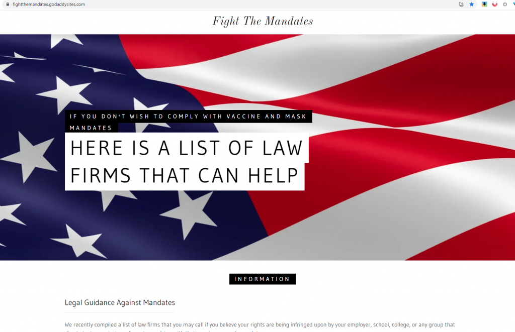 Screenshot: Fight the Mandates GoDaddy site (screen by Eric Heppoerle © 2021)