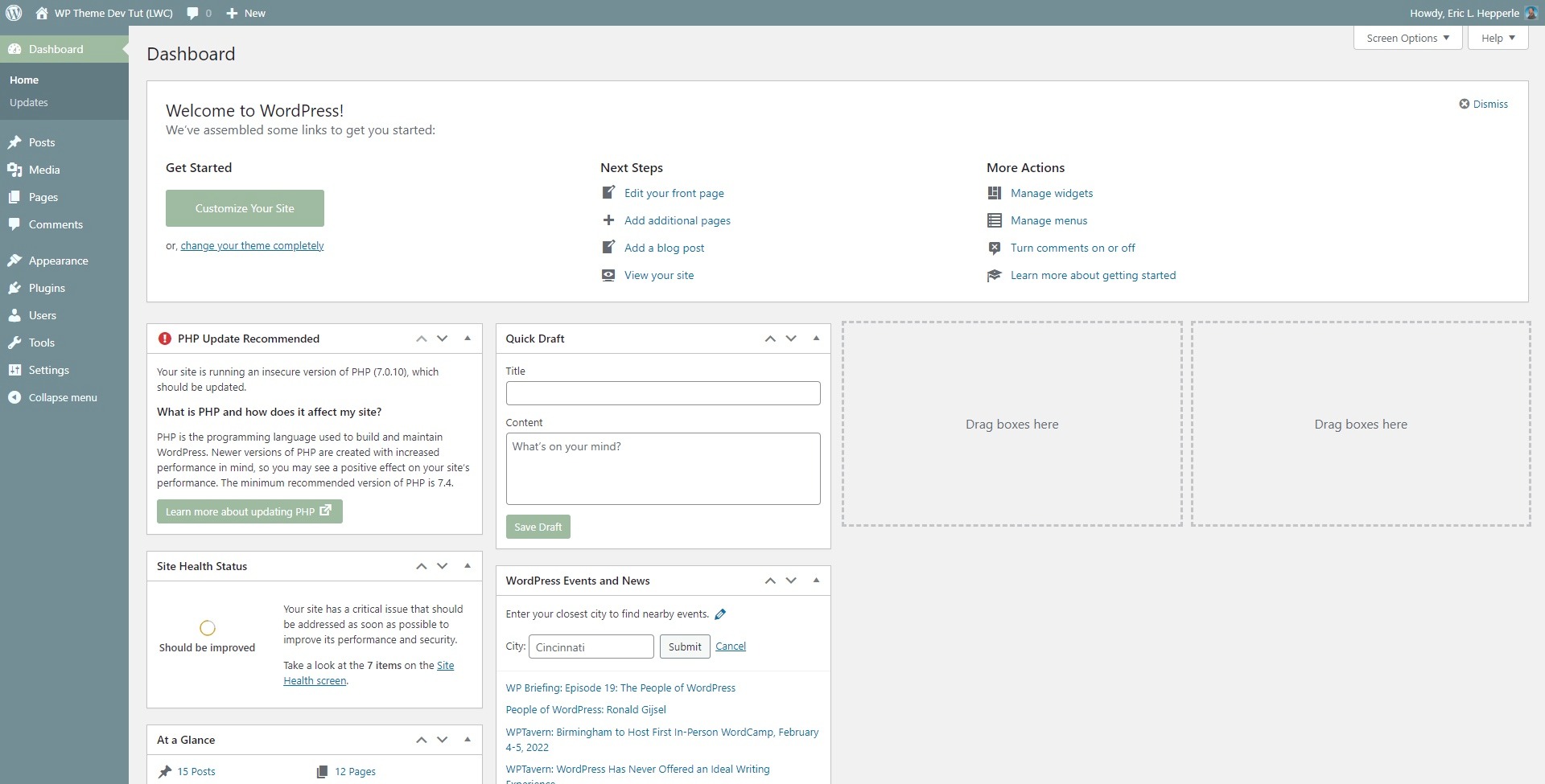 Fig. 1: Screenshot of actual WordPress Dashboard