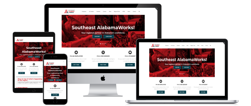 EHD Client Website: Southeast AlabamaWorks (2019) UX/UI Redesign - Multi-Device Composite Mockup