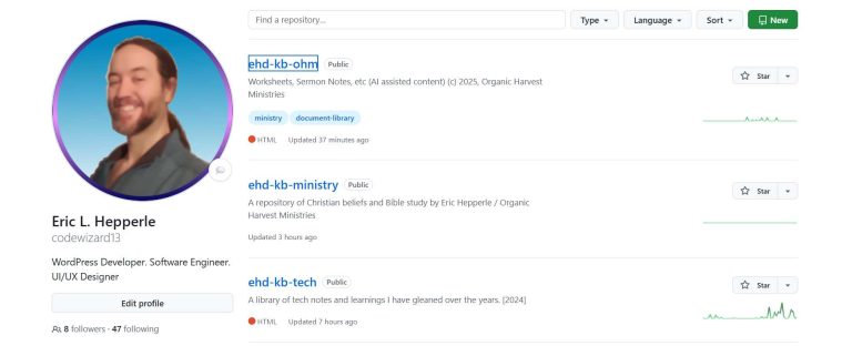 Screenshot: 2026-01-01 - CodeWizard13 GitHub Repos - Markdown KBs list