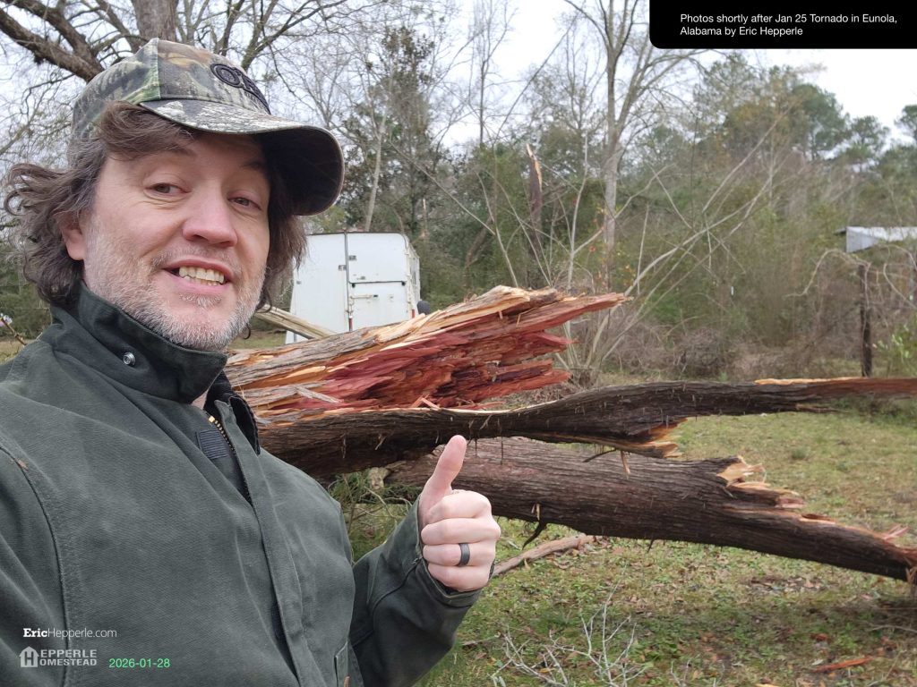 Photo of Eric Hepperle standing in front of a fallen cedar tree at Hepperle Homestead that was toppled by the Geneva Tornado of Jan 25, 2026