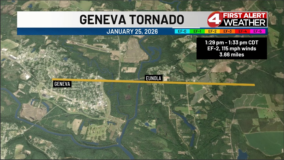 Map of Geneva Tornado path from channel 4 First Alert Weather showing the tornado drove straight from downtown geneva through Eunola (where Hepperle Homestead is located). (Downloaded from Ryan Dugger's Facebook on January 27, 2026).