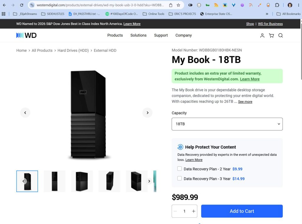 Screenshot the Western Digital webpage for the My Book 18TB with a price of ~ $990 in Sept 2026