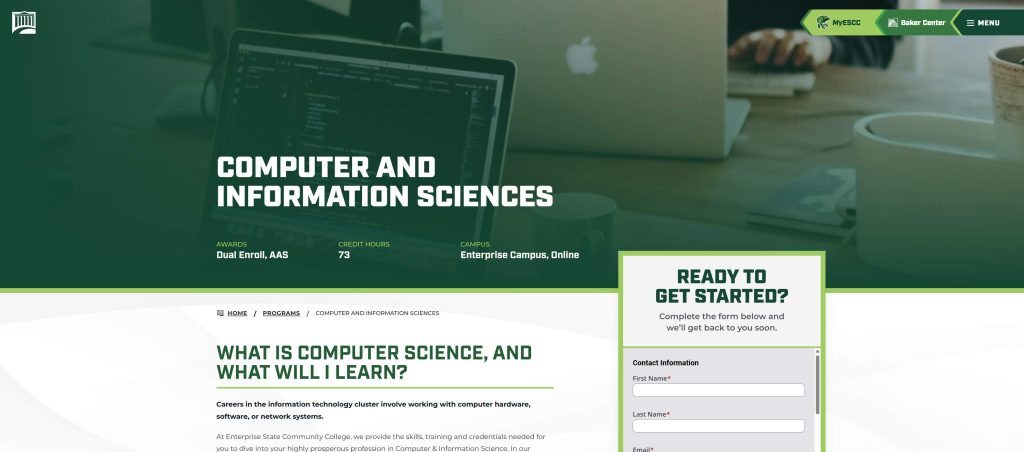 Screenshot of Enterprise State community college website for the Computer Science program page
