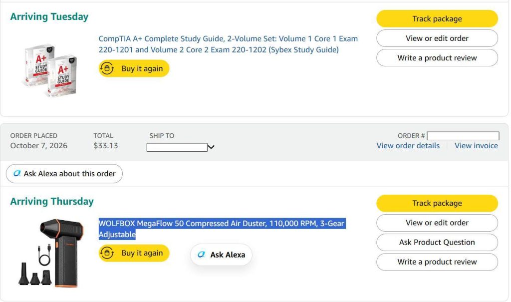 Screenshot of Amazon orders Wolfbox air duster and CompTIA A+ books (Amazon)